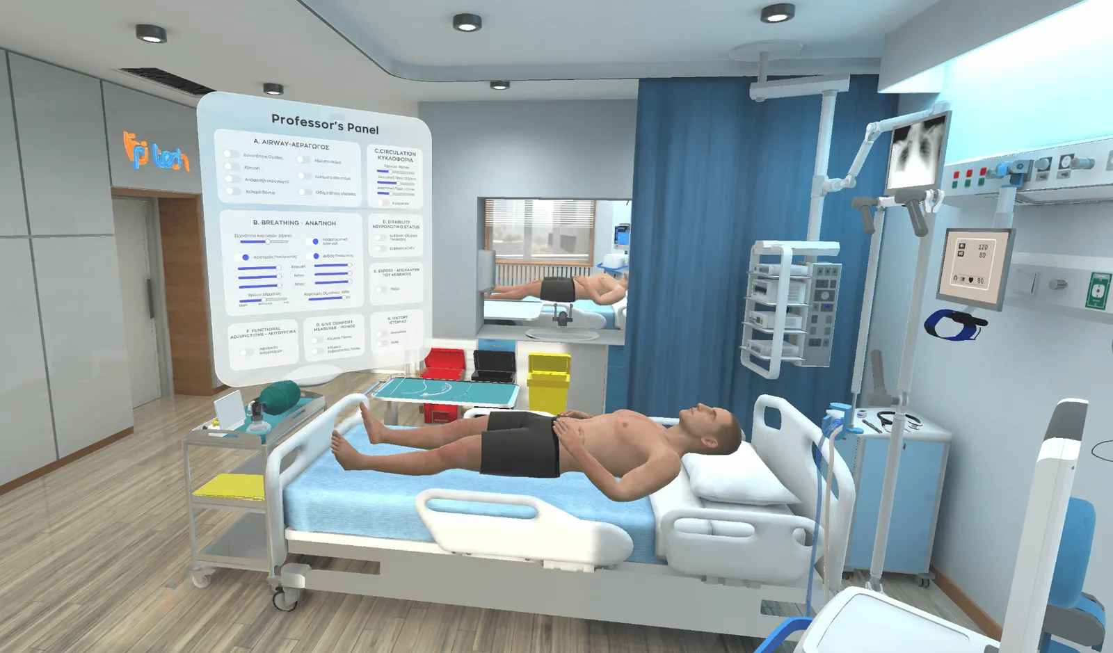 A Vicky simulation lab seen from the student's view, with the professor's assessment panel open beside the patient bed