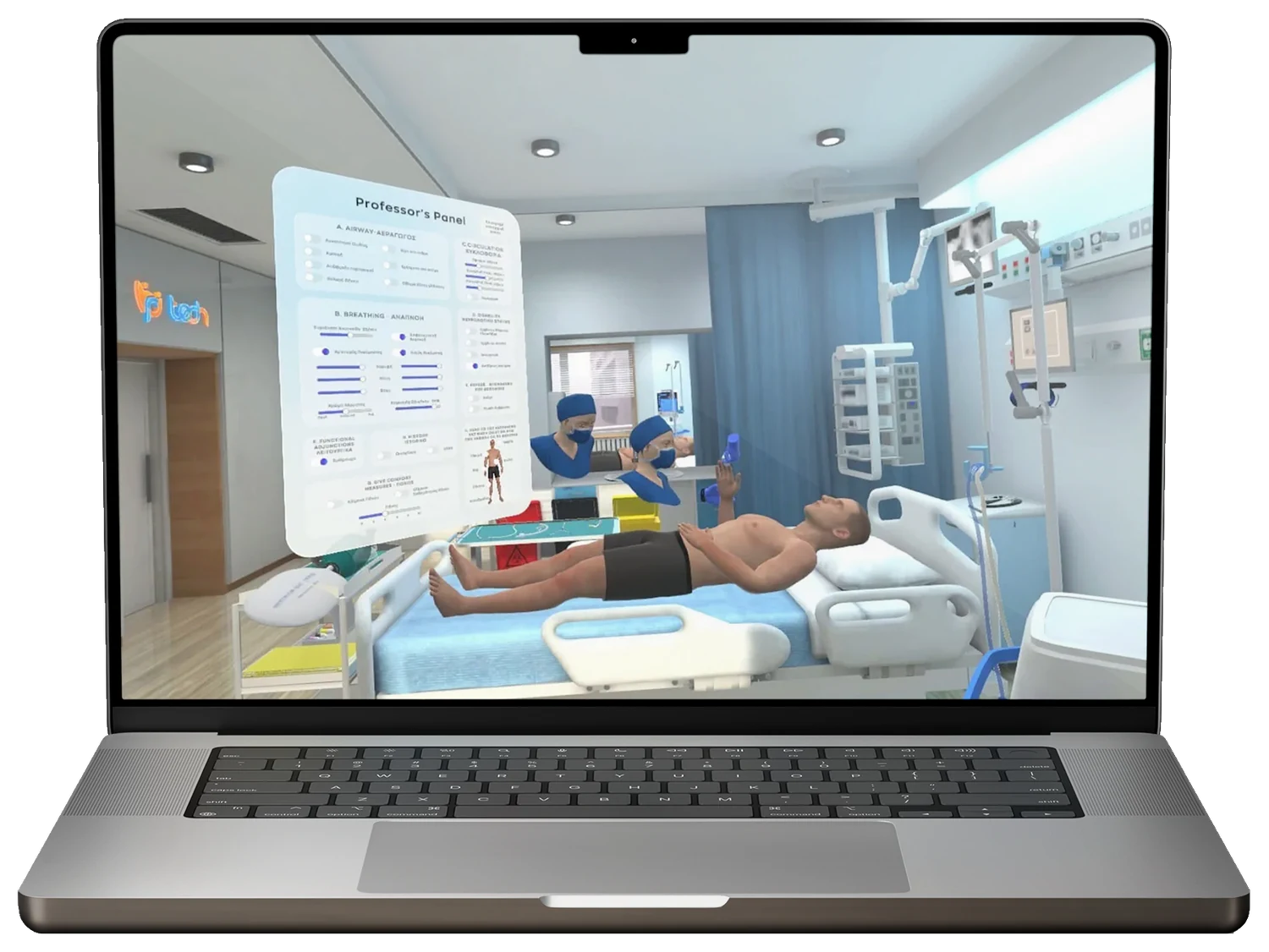 A clinical simulation running in a browser on a laptop, with the professor’s panel open beside the patient bay